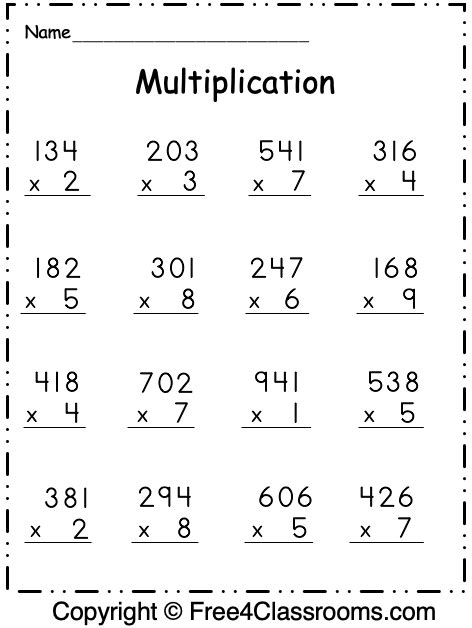 Free Printable 3 Digit By 1 Digit Multiplication Worksheets